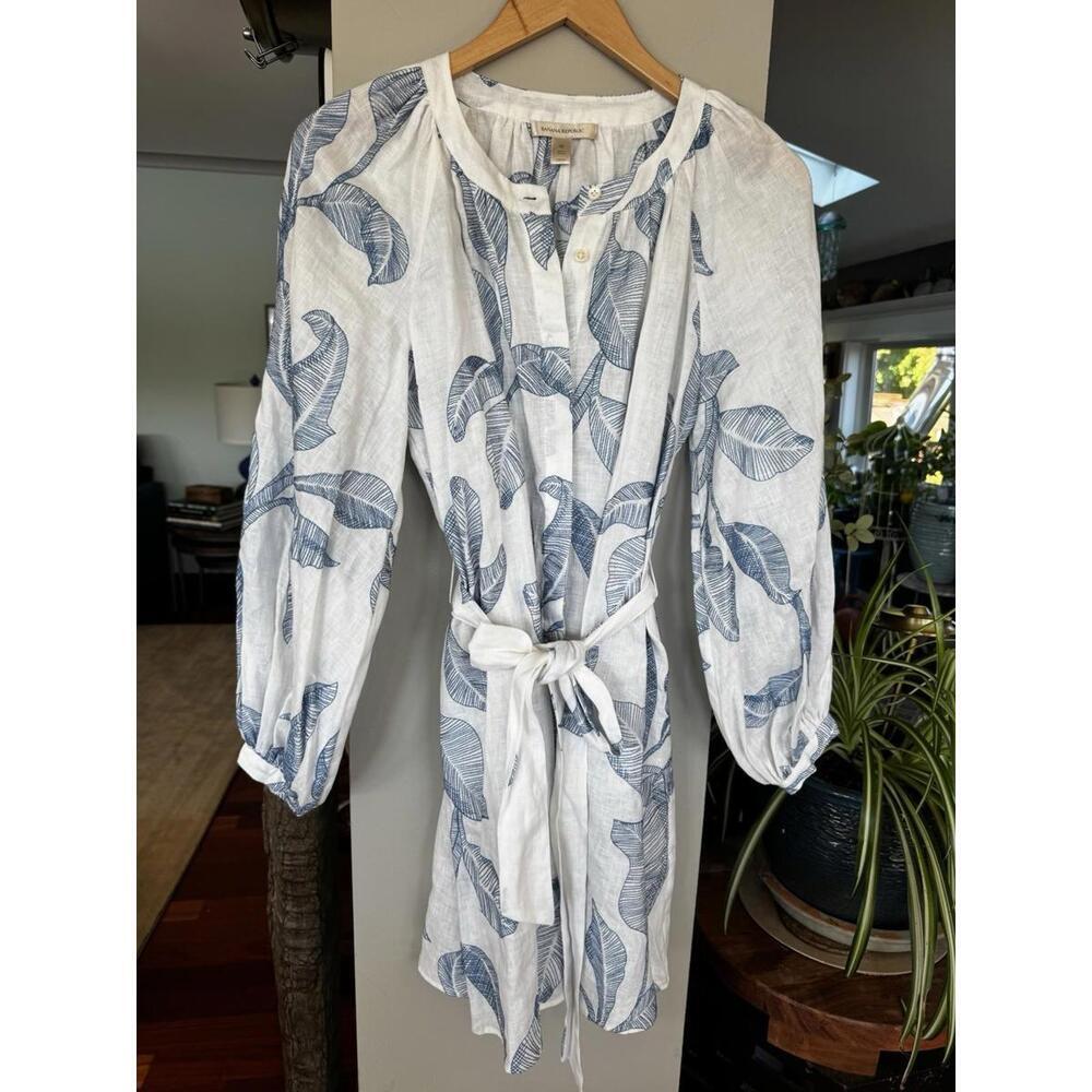 Banana Republic 100% Linen Wrap Dress Sz XS Long Sleeve Blue Botanical Leaf